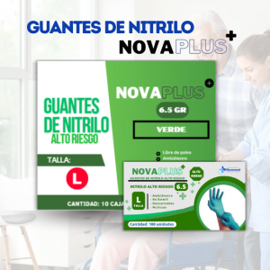 GUANTES DESCARTABLES DE NITRILO ALTO RIESGO VERDE “NOVAPLUS” 6.5GR